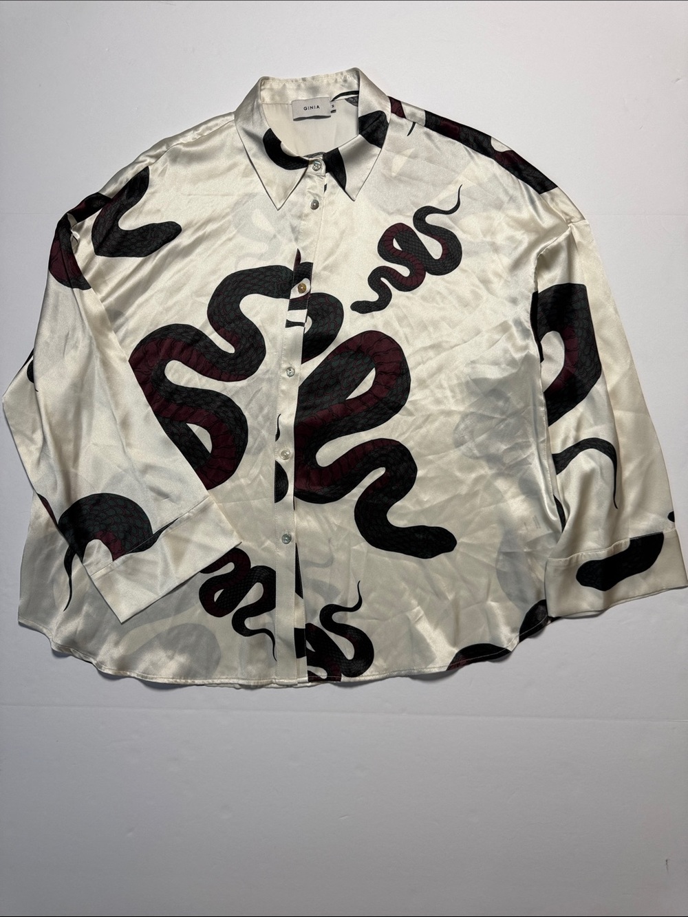 Ginia Cream Silk Button-Up Blouse with Black and Dark Red Snake Print